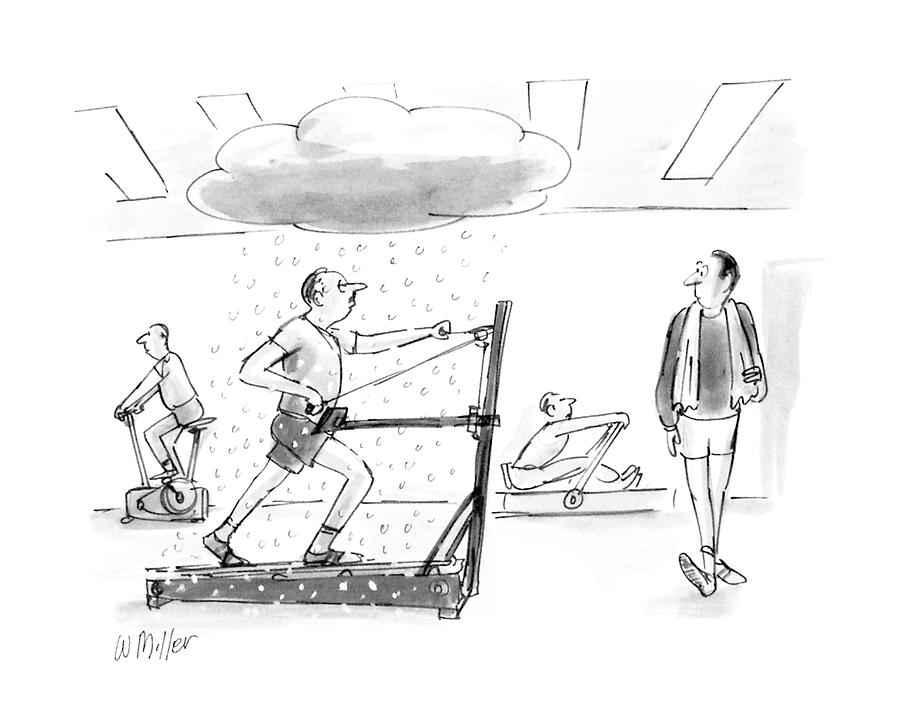 Raining on the Treadmill Drawing - New Yorker April 18th, 1988 by Warren Miller