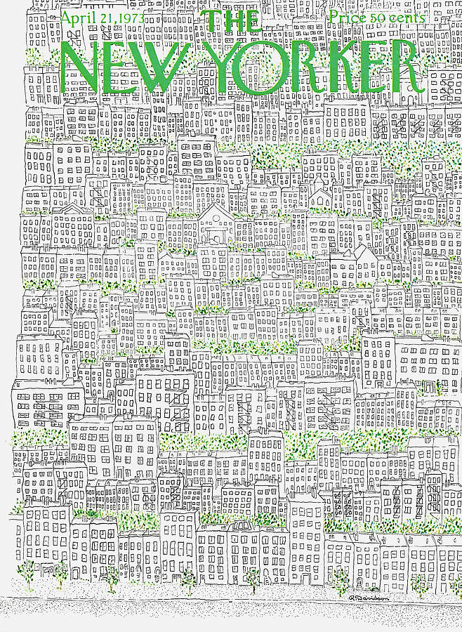 Intricate Cityscape with Green Accents Painting - New Yorker April 21st, 1973 by Raymond Davidson