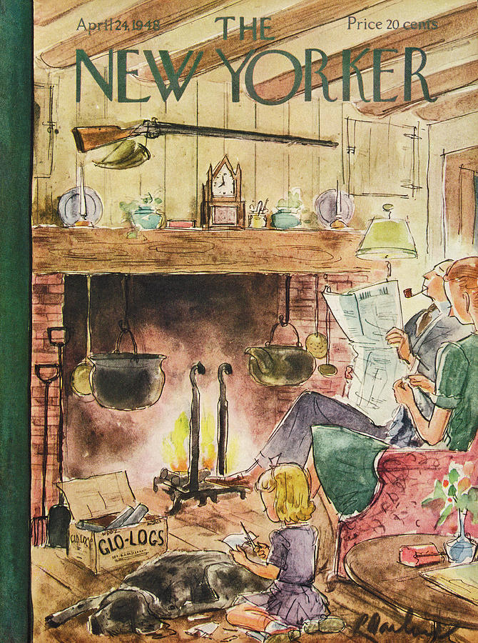 Cozy Family Fireplace Scene Painting - New Yorker April 24th, 1948 by Perry Barlow