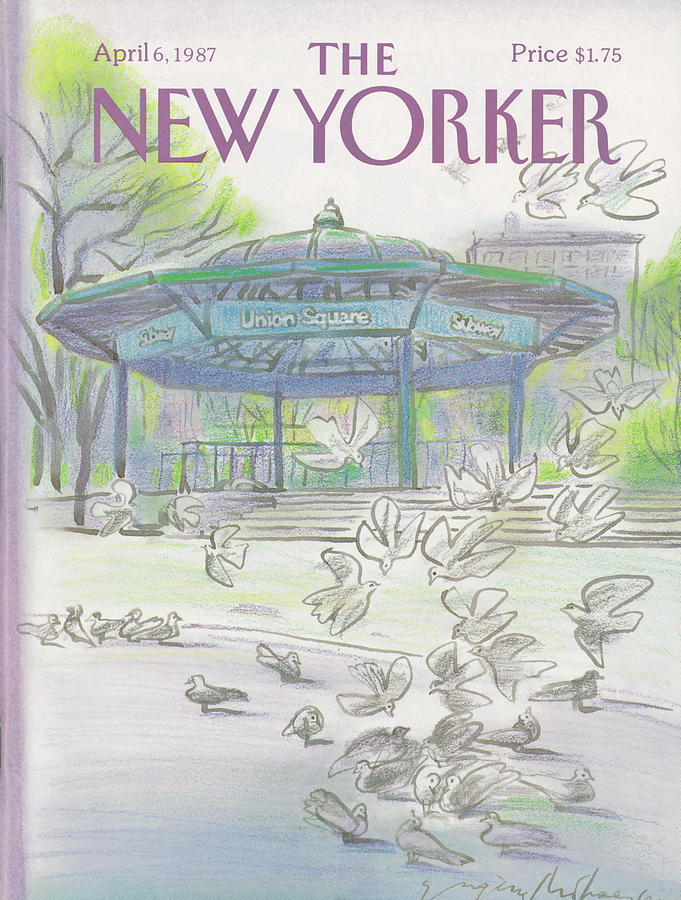 Union Square Gazebo and Pigeons Painting - New Yorker April 6th, 1987 by Eugene Mihaesco