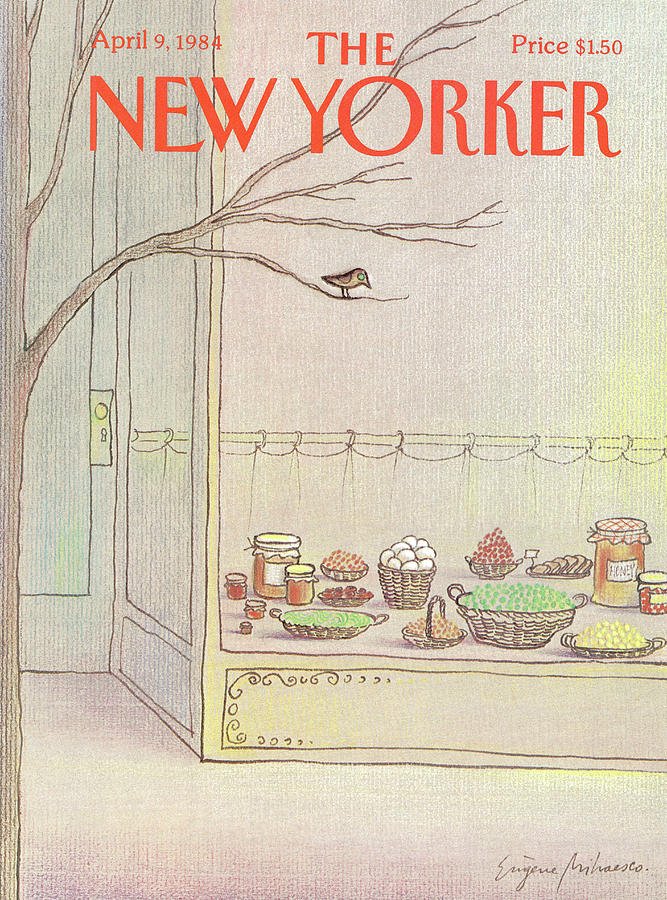 Whimsical Shopfront Display Painting - New Yorker April 9th, 1984 by Eugene Mihaesco