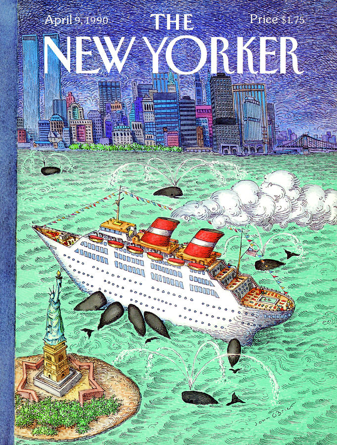 Cruise Ship at New York Harbor Painting - New Yorker April 9th, 1990 by John OBrien