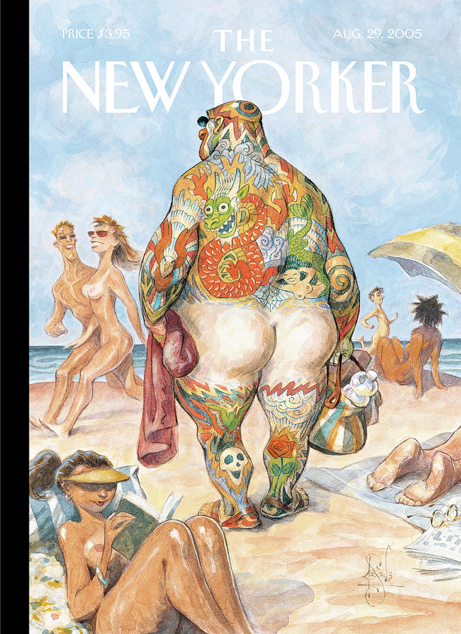 Tattooed Man on Busy Beach Painting - Beach Bum by Peter de Seve