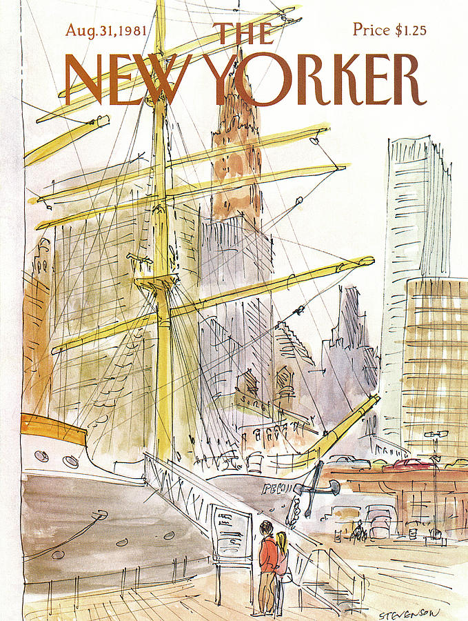 Historic Ship Docked in Urban Harbor Painting - New Yorker August 31st, 1981 by James Stevenson