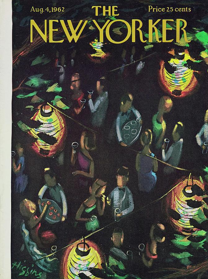 Vibrant Outdoor Gathering at Night Painting - New Yorker August 4th 1962 by Donald Higgins