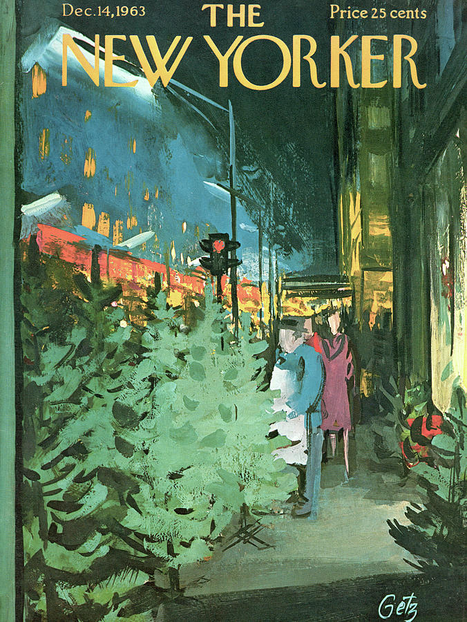 December Street with Christmas Trees Painting - New Yorker December 14th, 1963 by Arthur Getz