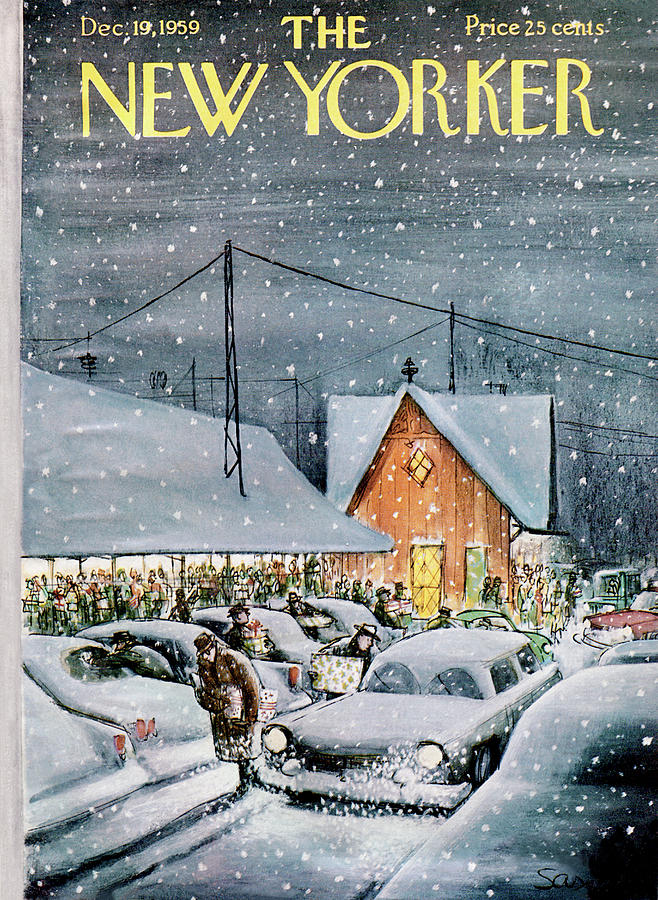 Snowy Evening at the Shopping Plaza Painting - New Yorker December 19th, 1959 by Charles Saxon