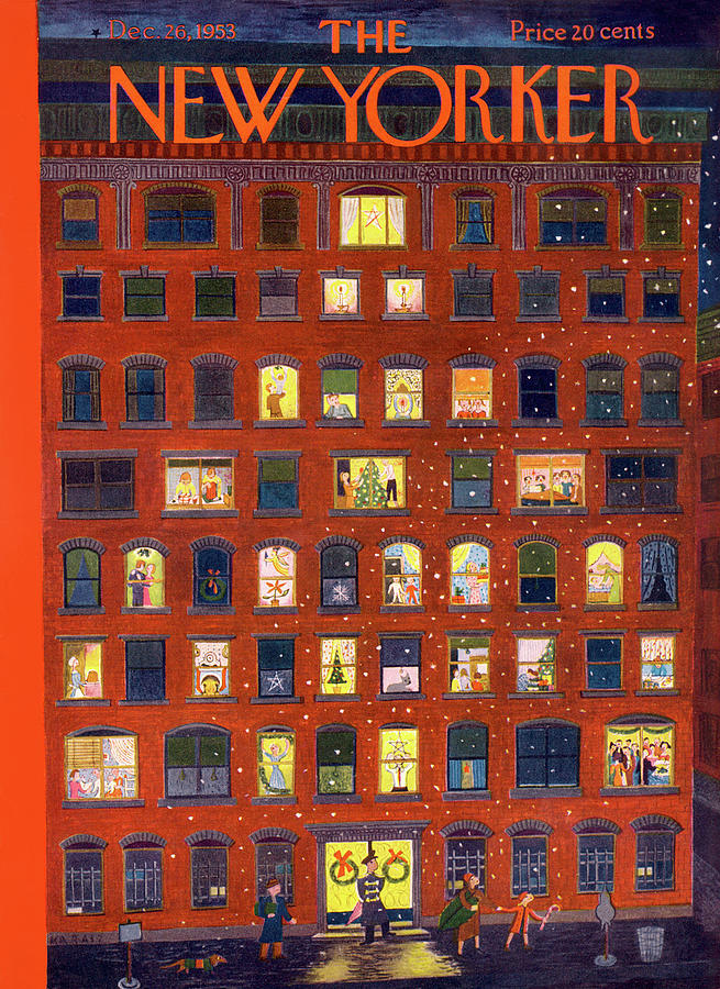 Festive Apartment Building at Night Painting - New Yorker December 26, 1953 by Ilonka Karasz