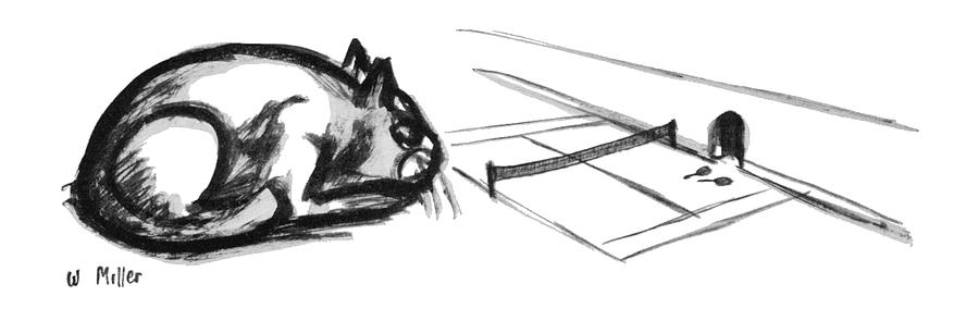 Sleeping Cat Near Mouse Hole Drawing - New Yorker January 13th, 1962 by Warren Miller