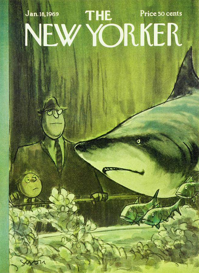Giant Shark at the Aquarium Painting - New Yorker January 18th 1969 by Charles D Saxon