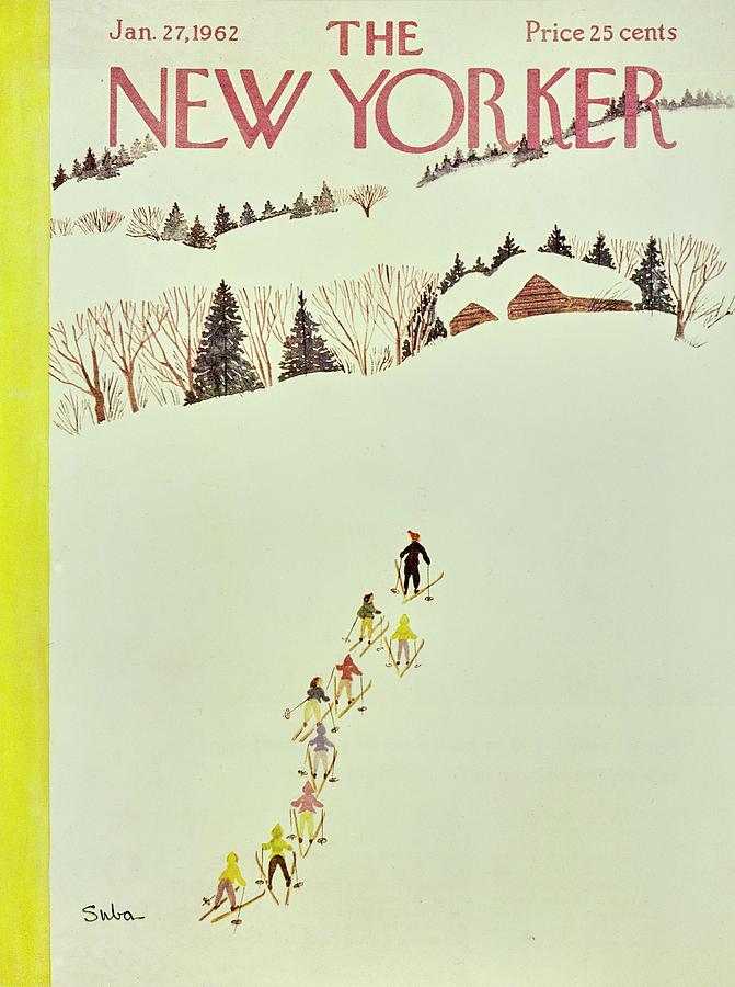 Vintage Skiers on Snowy Slope Painting - New Yorker January 27th 1962 by Susanne Suba