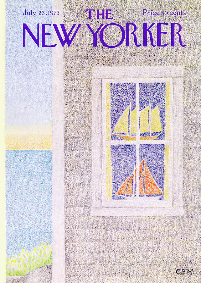 Sailboats Through a Window Painting - New Yorker July 23rd, 1973 by Charles E Martin