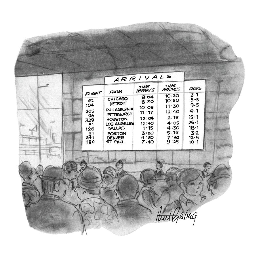 Airport Arrivals Board and Crowd Drawing - New Yorker July 4th, 1970 by Mort Gerberg