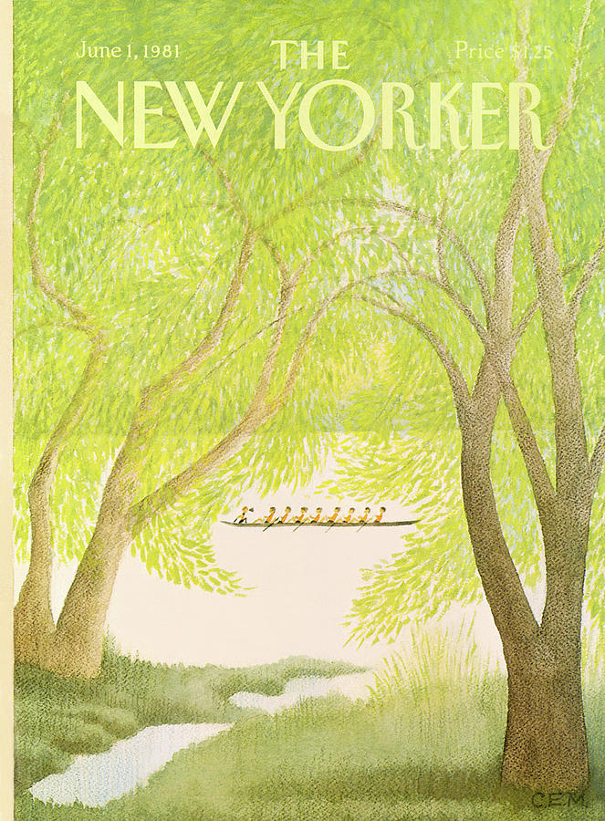 Rowing Crew Under Lush Trees Painting - New Yorker June 1st, 1981 by Charles E Martin