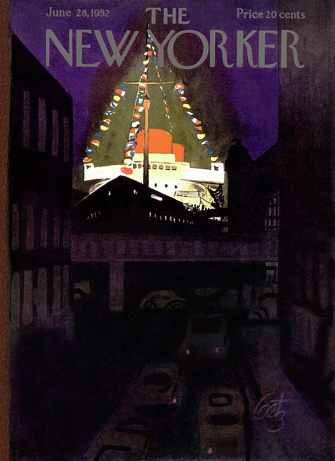 Vibrant Ship in Urban Nightscape Painting - New Yorker June 28th, 1952 by Arthur Getz
