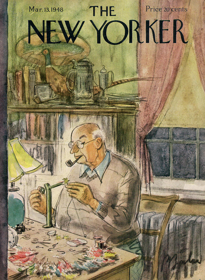 Man Crafting Fly Lures Painting - New Yorker March 13th, 1948 by Perry Barlow