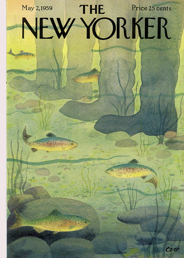 Underwater View with Trout and Waders Painting - New Yorker May 2nd, 1959 by Charles E Martin
