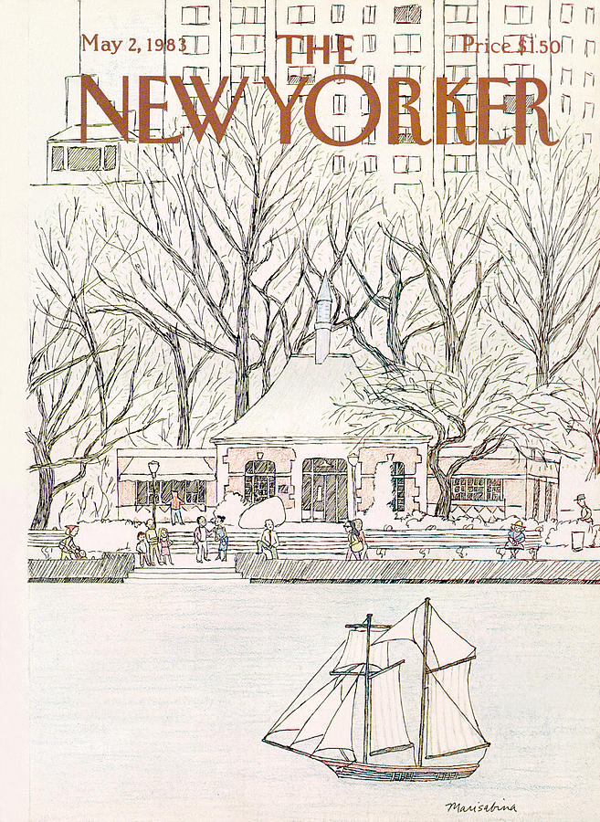 Charming Waterside Scene with Sailboat Painting - New Yorker May 2nd, 1983 by Marisabina Russo