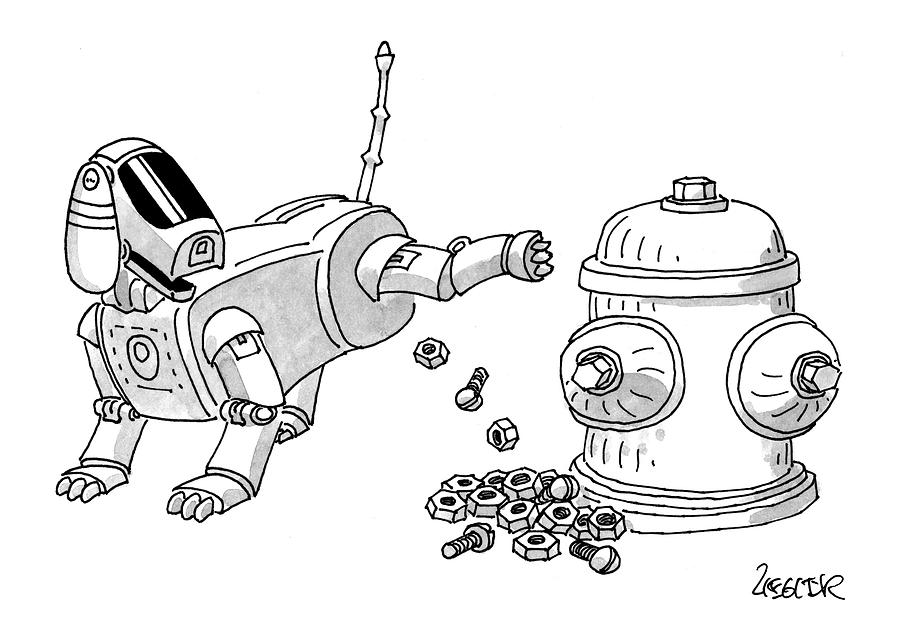 Robot Dog Beside Fire Hydrant Drawing - New Yorker May 31st, 1999 by Jack Ziegler