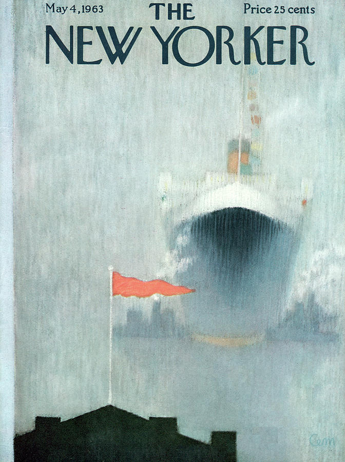 Ship in the Mist with Red Flag Painting - New Yorker May 4th, 1963 by Charles E Martin