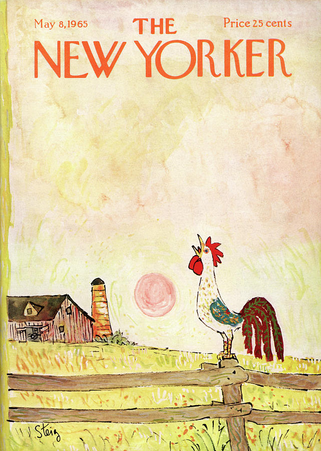 Rooster on Fence at Sunrise Painting - New Yorker May 8th, 1965 by William Steig
