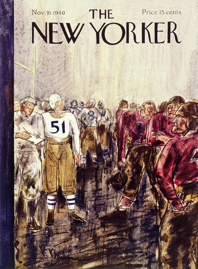 Vintage Football Huddle Scene Painting - New Yorker November 16 1940 by Perry Barlow