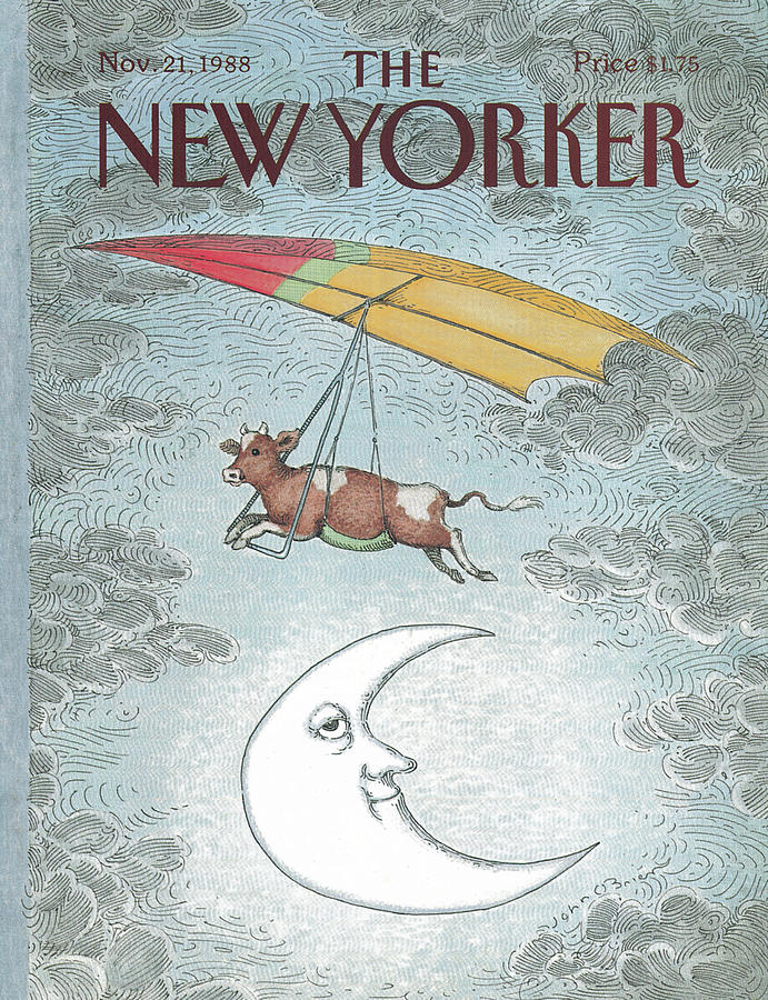 Cow Flying Over the Moon Painting - New Yorker November 21st, 1988 by John OBrien