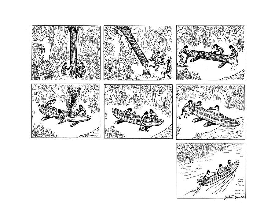 Constructing a Canoe in the Wilderness Drawing - New Yorker October 11th, 1941 by John Groth