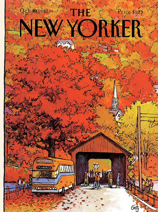 Autumn Scene with Covered Bridge Painting - New Yorker October 19th, 1981 by Arthur Getz