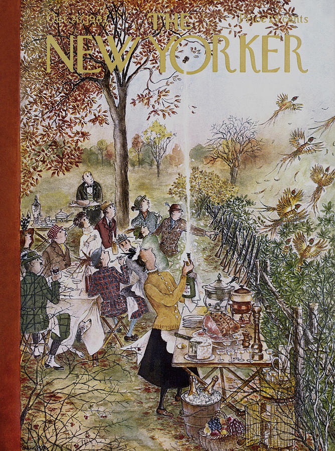 Outdoor Autumn Picnic Gather Painting - New Yorker October 20th, 1962 by Mary Petty