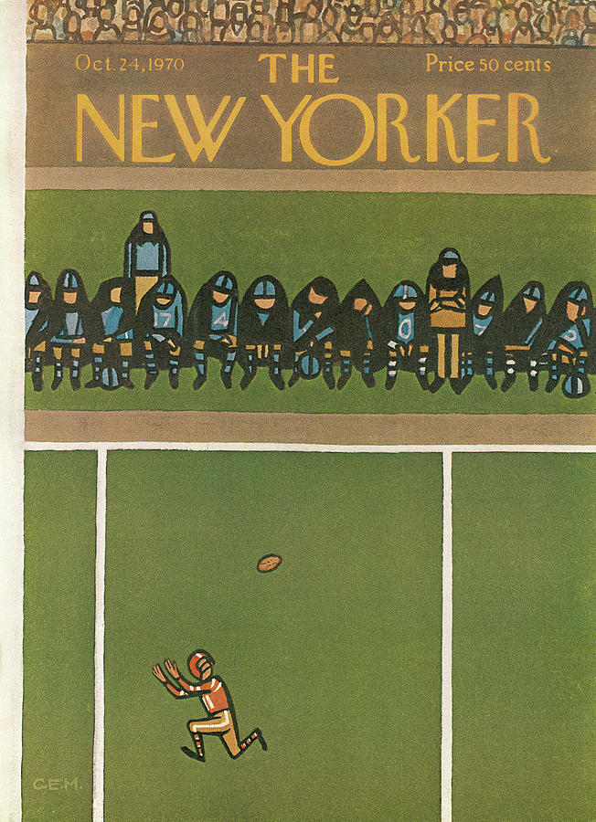Football Player and Audience Painting - New Yorker October 24th, 1970 by Charles E Martin