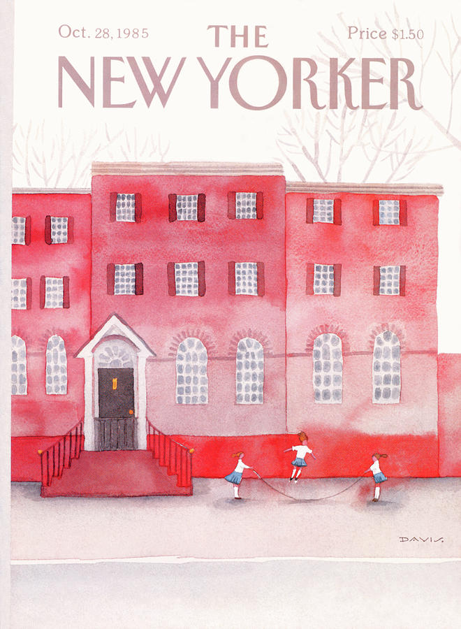 Children Jumping Rope in Front of Red Building Painting - New Yorker October 28th, 1985 by Susan Davis