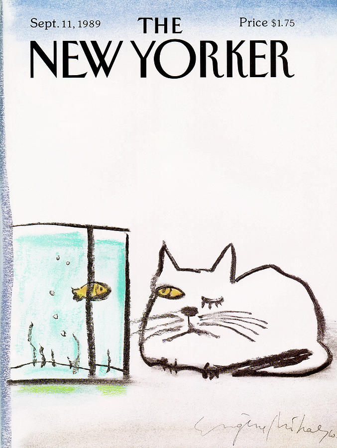 Curious Cat and Fishbowl Painting - New Yorker September 11th, 1989 by Eugene Mihaesco