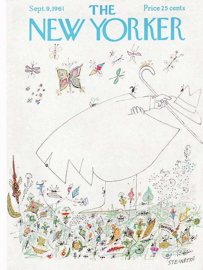 Colorful Floral Umbrella Scene Painting - New Yorker September 9th, 1961 by Saul Steinberg