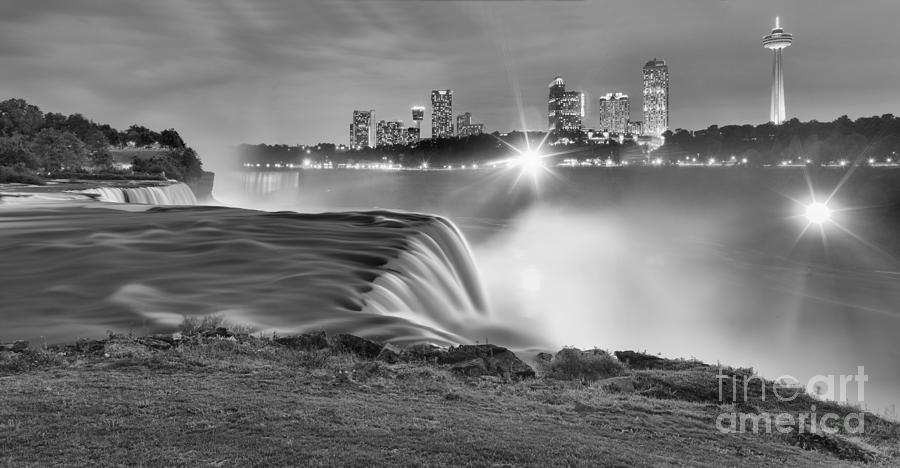 Cityscape Overlooking Waterfall Photograph - Niagara Falls Black And White Starbursts by Adam Jewell