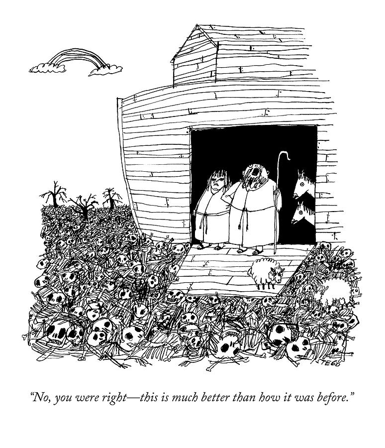 Humorous Post-Flood Scenario Drawing - Noah, Speaking Upward To Heaven, Exits The Ark by Edward Steed