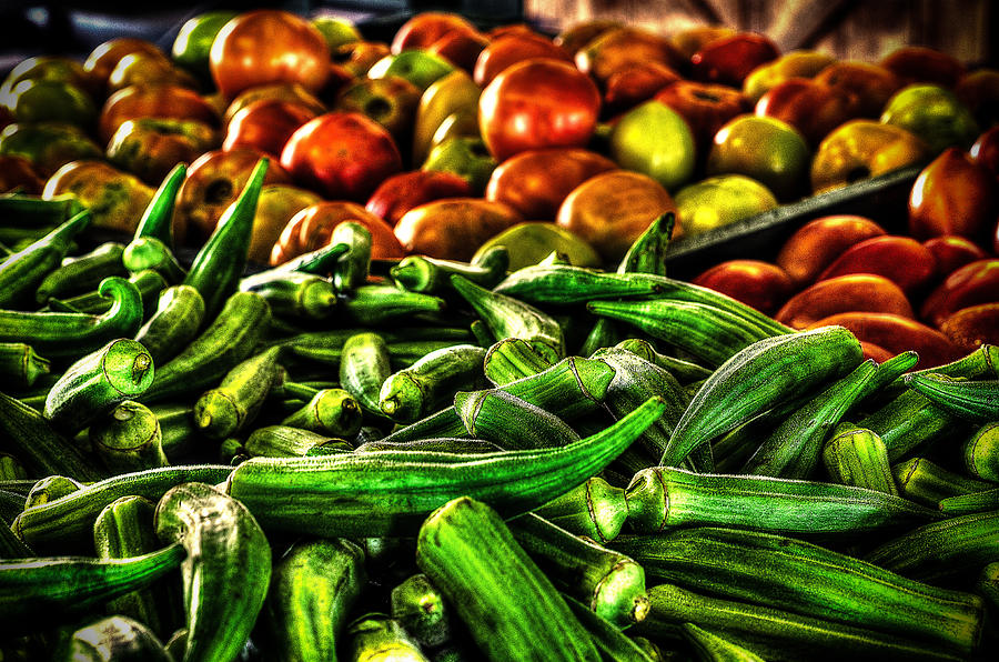 Vibrant Farmers Market Display Photograph - Okra and Tomatoes by David Morefield