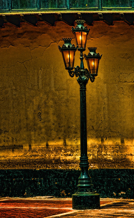 Vintage Streetlight Against Wall Photograph - Old Lima Street Lamp by Mary Jo Allen