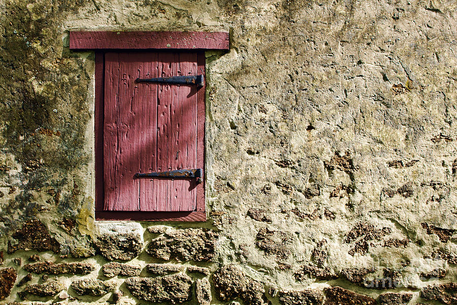 Rustic Red Shutter on Stone Wall Photograph - Old Wall and Door by Olivier Le Queinec