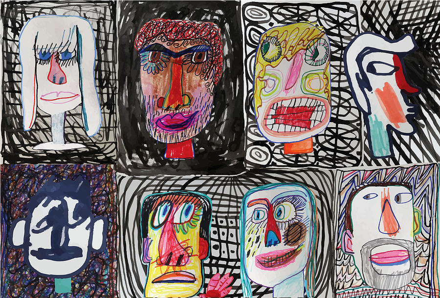 People faces on patterned background Drawing by Beastfromeast