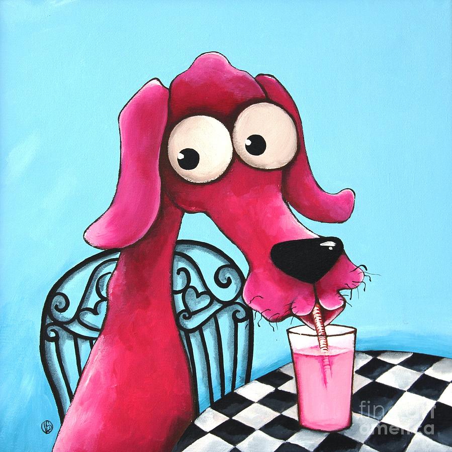 Pink Dog Enjoying a Milkshake Painting - Pink Milk by Lucia Stewart
