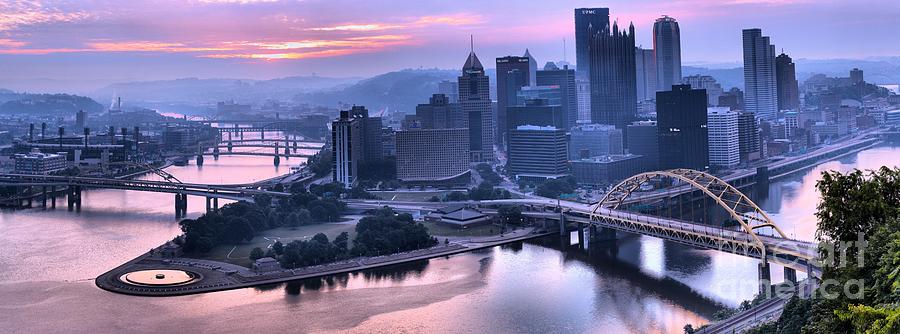 Skyline of Pittsburgh at Dusk Photograph - Pink Pittsburgh Morning by Adam Jewell
