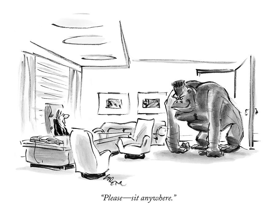 Frankenstein Monster at the Office Drawing - Please - Sit Anywhere by Lee Lorenz