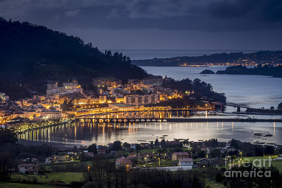 Pontedeume from Cabria Nogueirosa, Galicia, the original photograph of the town and bridges