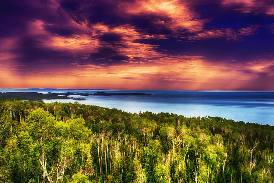 Vibrant Sunset Over Verdant Forest Photograph - Purple Sunset Approach by Bill and Linda Tiepelman