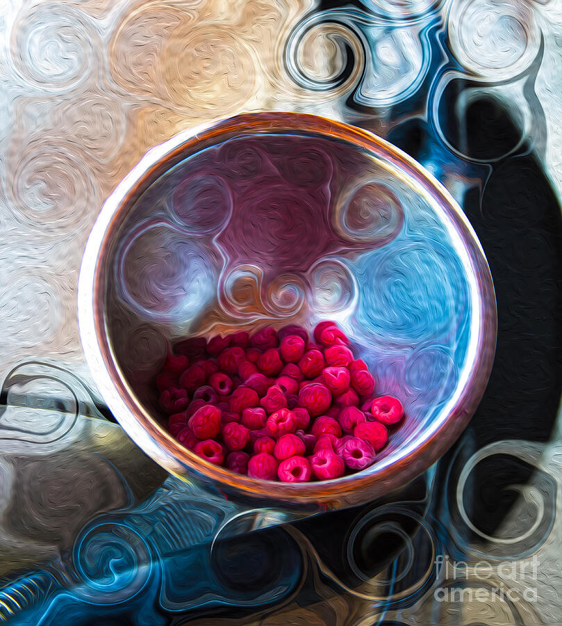 Raspberry Reflections - Colorful Garden Still Life Painting by Omaste Witkowski