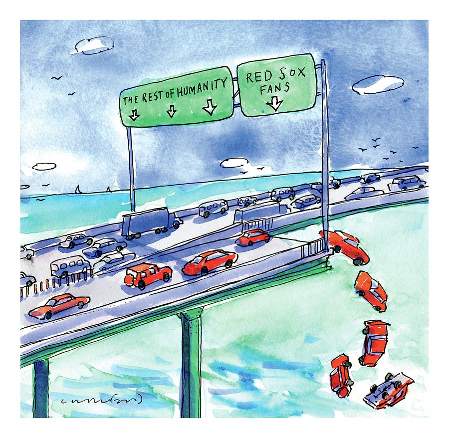 Highway Sign with Red Sox Fans Detour Drawing - Red Cars Drop Off A Bridge Under A Sign That Says by Michael Crawford