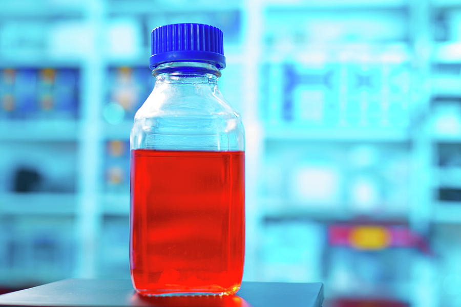 Red Liquid In Plastic Bottle by Wladimir Bulgar / Science Photo Library