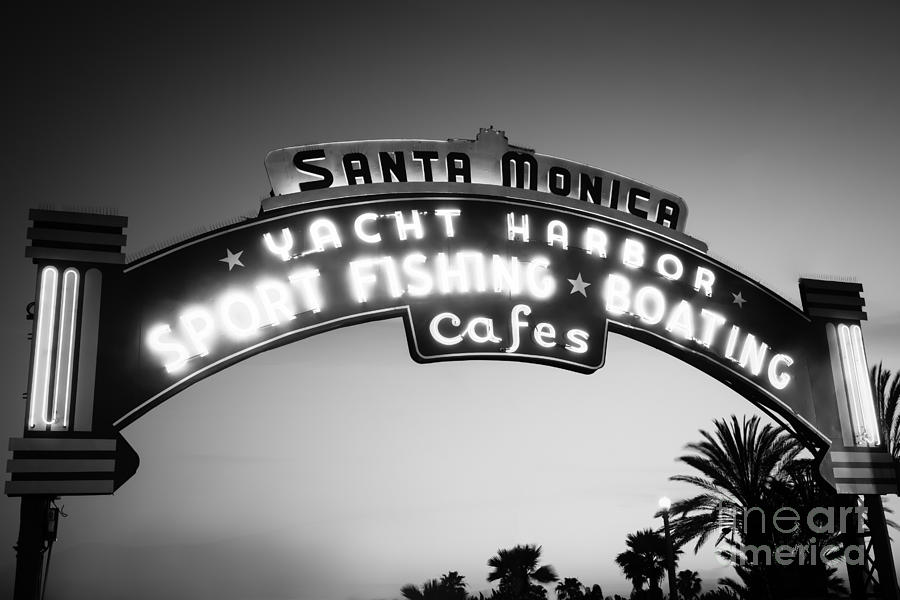 Santa Monica Pier Sign in Black and White Photograph by Paul Velgos