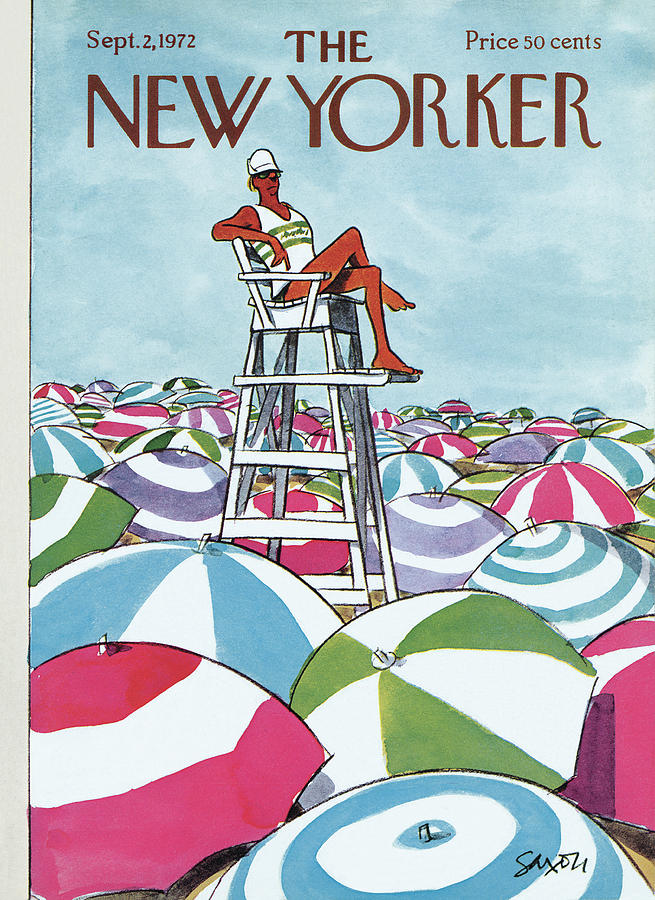 Lifeguard Overlooking Beach Umbrellas Painting - Sea Of Umbrellas by Charles Saxon